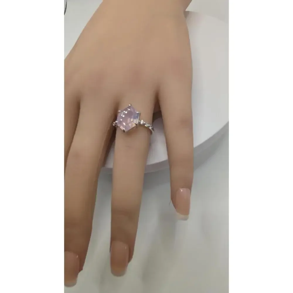 Silver Ring with Hexagonal Pink Gemstone and Decorative Side Stones Size 7